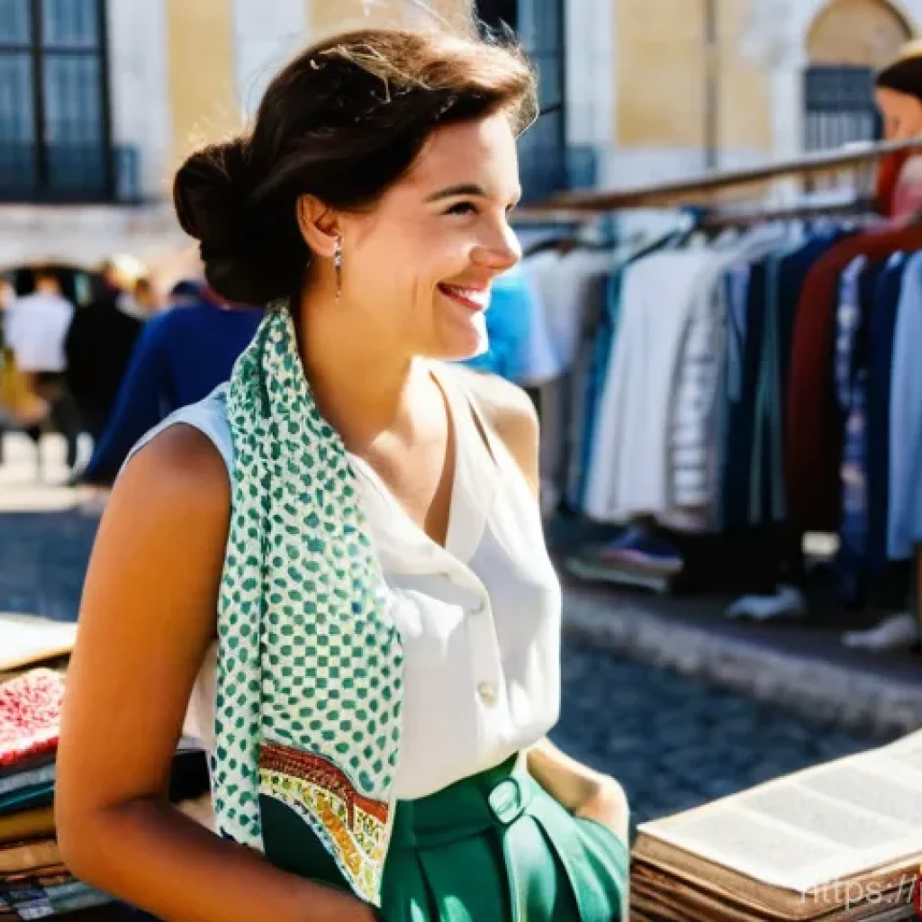 빈티지 패션과 지속가능성 - **Prompt 1: "A candid shot of a stylish woman, mid-20s, with a warm smile, carefully examining a vib...