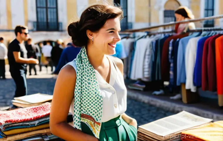 빈티지 패션과 지속가능성 - **Prompt 1: "A candid shot of a stylish woman, mid-20s, with a warm smile, carefully examining a vib...