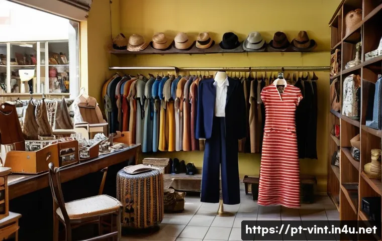 중고 쇼핑몰 창업 가이드 - A cozy, well-organized vintage second-hand shop interior in S&atilde;o Paulo, Brazil, featuring neatly cata...