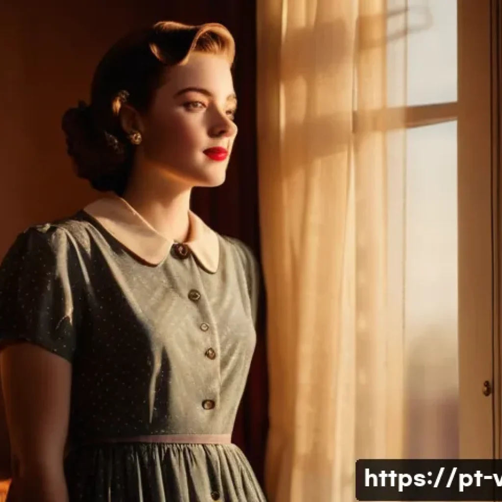 레트로 감성 사진 촬영법 - A warm, nostalgic portrait of a young woman wearing vintage-style clothing and subtle makeup, standi...