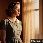 레트로 감성 사진 촬영법 - A warm, nostalgic portrait of a young woman wearing vintage-style clothing and subtle makeup, standi...