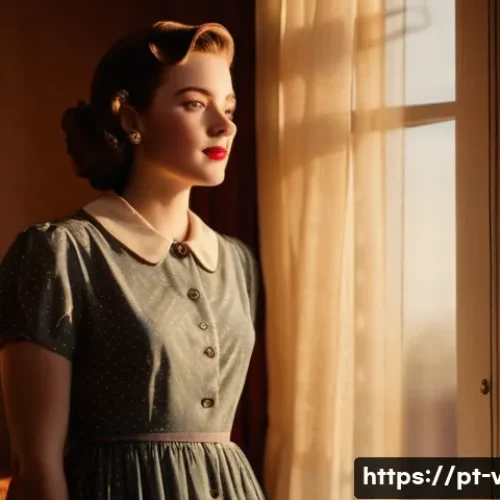 레트로 감성 사진 촬영법 - A warm, nostalgic portrait of a young woman wearing vintage-style clothing and subtle makeup, standi...