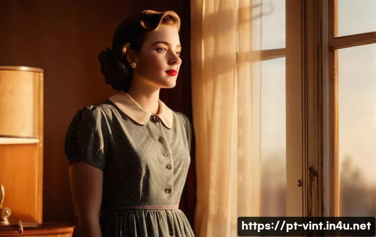 레트로 감성 사진 촬영법 - A warm, nostalgic portrait of a young woman wearing vintage-style clothing and subtle makeup, standi...