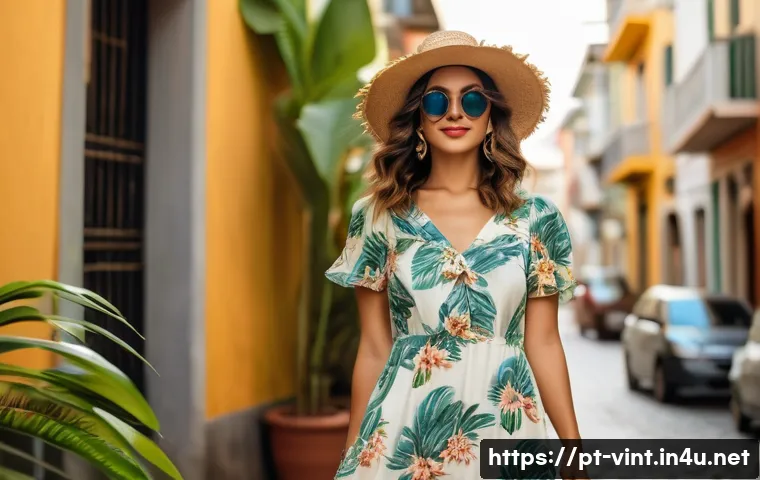 레트로 패션 트렌드 - A stylish young Brazilian woman wearing a light, flowy floral midi dress with natural fabrics like l...