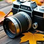 빈티지 카메라 종류와 특징 - A vintage medium format camera resting on a rustic wooden table outdoors, surrounded by soft natural...