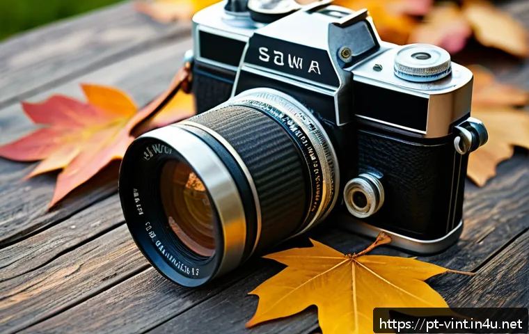 빈티지 카메라 종류와 특징 - A vintage medium format camera resting on a rustic wooden table outdoors, surrounded by soft natural...
