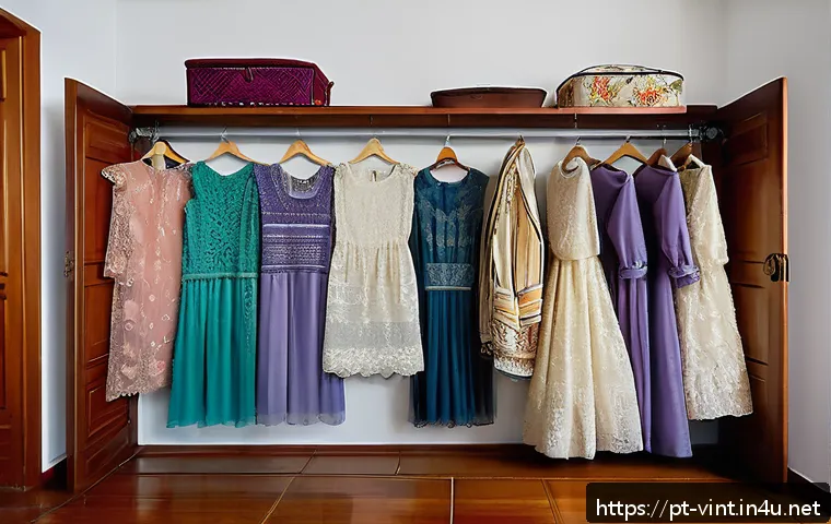 빈티지 컬렉션 관리법 - A cozy, well-organized vintage clothing storage room in a tropical Brazilian home, featuring wooden ...