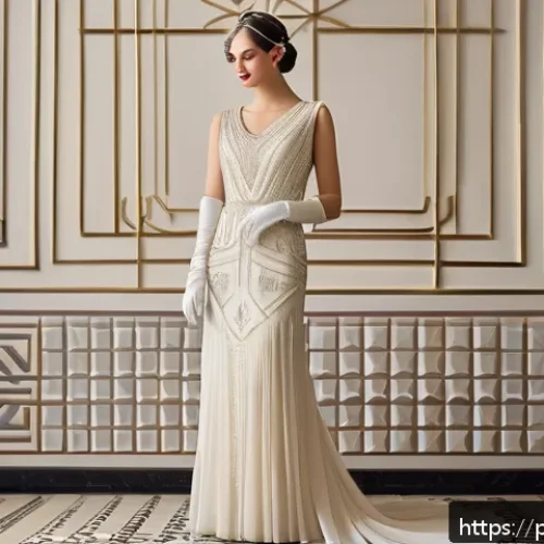 빈티지 스타일 웨딩드레스 - A vintage 1920s bridal scene featuring a bride wearing a modest, sleeveless wedding dress with strai...