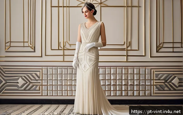 빈티지 스타일 웨딩드레스 - A vintage 1920s bridal scene featuring a bride wearing a modest, sleeveless wedding dress with strai...