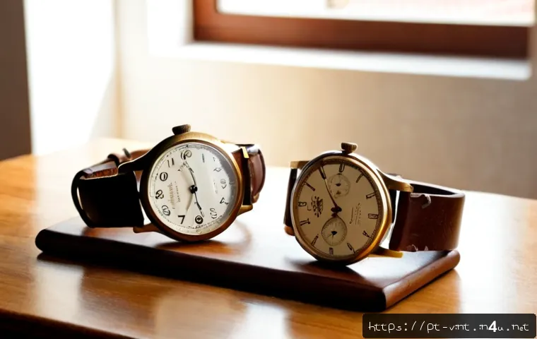 Home 17 빈티지 시계 브랜드 소개 - Photorealistic close-up of an elegant vintage wristwatch collection arranged on a polished walnut de...