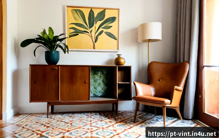 Home 17 빈티지 스타일 인테리어 - Photorealistic vintage-style Lisbon apartment living room, restored mid-century teak sideboard, cara...