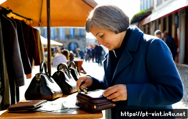 Home 17 플리마켓에서 빈티지 쇼핑하는 법 - Photorealistic weekend flea market in a sunny Portuguese town square, a stylish middle-aged shopper ...
